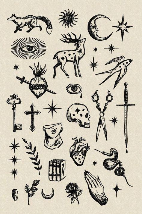 Cool Flash Tattoo Designs, Ink Designs Drawing, Mini Tattoo Ideas For Men, Dark Academia Tattoo Ideas Small, Occult Flash Tattoo, Tattoo Ideas Mini, Vintage Flower Tattoos, Flash Art Tattoos Men, Vintage Tatoos Ideas