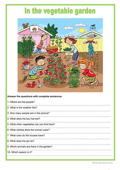 Picture description - In the vegetable garden - English ESL Worksheets for distance learning and physical classrooms Garden Worksheet, Creative Writing Topics, English Creative Writing, How To Grow Vegetables, Picture Comprehension, Picture Composition, Writing Topics, Grow Vegetables, English Worksheets For Kids