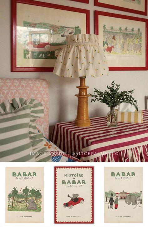 British Nursery Decor, Babar Nursery Vintage, Fun Gallery Wall, Pretty Nursery, Eclectic Nursery, Cottage Nursery, Elephant Nursery Art, Vintage Nursery Decor, Adorable Nursery