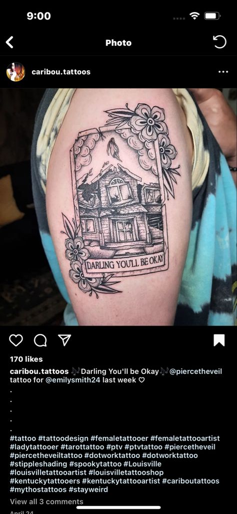 Pierce The Veil House Tattoo, Piece The Veil Tattoo, Joyce Manor Tattoo, Pierce The Veil Tattoos Ideas, Pierce The Veil Art, Veil Tattoo, Pierce The Veil Tattoos, Weird Ideas, 2023 Tattoo