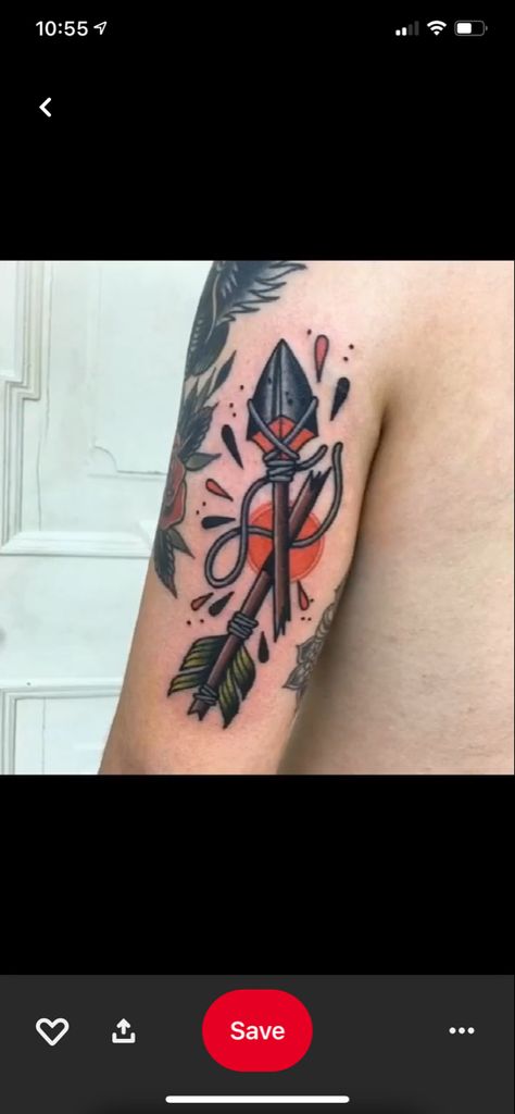 Old School Arrow Tattoo, Arrowhead Tattoo Traditional, American Traditional Bow And Arrow Tattoo, American Traditional Arrow Tattoo, Traditional Arrow Tattoo, Broken Arrow Traditional, Arrow Tattoo Arm, Arrow Bundle Tattoo, Traditional Dagger Tattoo