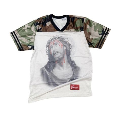 supreme jesus jersey shirt
size m

2014 camo top... - Depop Jesus Prints, Camo Top, Shirt Design Inspiration, Soccer Football, Natural Style, Jersey Shirt, Both Sides, Shirt Design, Camo