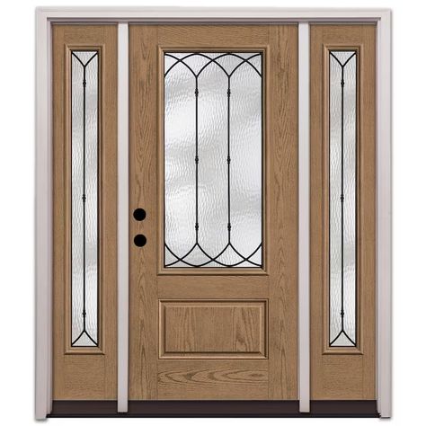 Therma-Tru Montebello 68-in x 80-in x 6-9/16-in Fiberglass 3/4 Lite Right-Hand Inswing Beechwood Stained Prehung Front Door with Sidelights with Brickmould Insulating Core in the Front Doors department at Lowes.com Leaded Glass Front Door With Sidelights, Therma Tru Front Door With Sidelights, Front Door With Sidelights, Door With Sidelights, Fiberglass Front Door, Therma Tru, Fiberglass Door, House Front Door, Glass Front Door