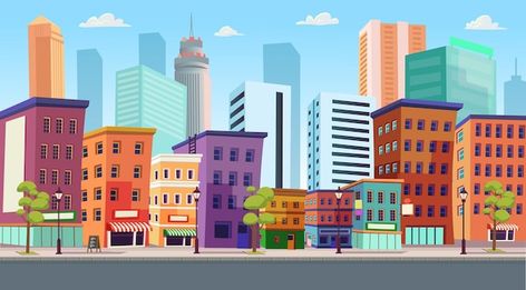 Vector city building houses with shops c... | Premium Vector #Freepik #vector #urban-landscape #building-cartoon #cartoon-city #city-house Town Illustration Buildings, Cartoon City Background, City Building Illustration, City Clipart, Building Cartoon, City Vector Illustration, Landscape Building, Cartoon Building, Cartoon City