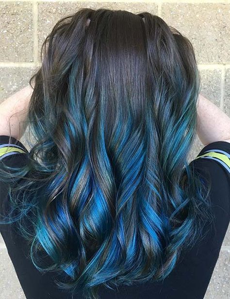 Highlight Ideas For Dark Brown Hair - Electric Blue Highlights Blue Highlights In Brown Hair, Ideas For Dark Brown Hair, Highlights In Brown Hair, Blue Balayage, Blue Brown Hair, Blue Hair Highlights, Highlight Ideas, Blue Ombre Hair, Dyed Hair Blue