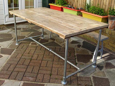 Scaffold Tube Rustic Table made from Reclaimed Scaffold Boards & Steel Tube Bar Height Kitchen Table, Scaffold Table, Scaffold Furniture, Dark Table, Shed Interior, Pallet Patio Furniture, Tube Clamp, Scaffold Boards, Garden Coffee Table