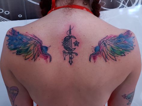 Rainbow Wings Tattoo, Wing Back Tattoo Women, Fairy Wing Back Tattoo, Wing Back Tattoo, Tattoos Wings, Watercolour Tattoos, Wing Tattoos, Rainbow Wings, Awesome Tattoo