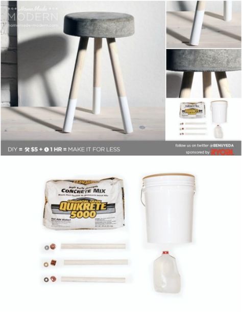 $5 Concrete Stool Cement Crafts End Tables, Diy Concrete Stool Cement, Cement Furniture, Concrete Stool, Cement Garden, Cement Diy, Concrete Diy Projects, Concrete Crafts, Cement Crafts