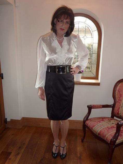 Office outfit | How I would love t5o go to the office like t… | gill rhodes | Flickr Cream Satin Blouse, Old Lady In Satin Blouse, Pleated Skirt Outfit, Satin Suit, Womens Suits Business, Office Outfit, Satin Blouse, Beautiful Skirts, Business Outfits