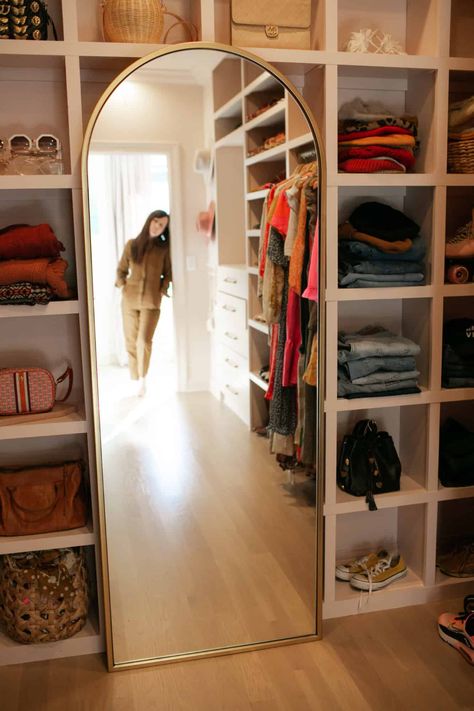 Full Length Mirrors (Splurge + Save) - A Beautiful Mess Mirror In Master Closet, Diy Full Length Mirror With Storage, Full Length Mirror In Closet, Full Length Mirrors In Bedroom, Walk In Closet Mirror Ideas, Turn Room Into Closet, Closet With Full Length Mirror, Closet Mirror Ideas, Walk In Closet Mirror