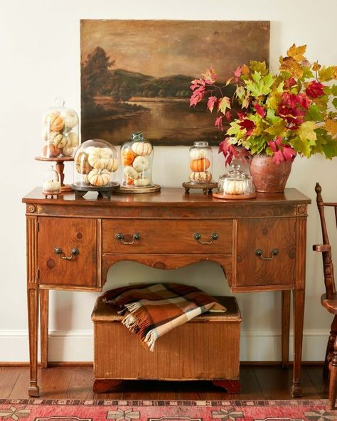 mini white, orange, and striped pumpkins stacked in glass cloches displayed on an antique sideboard Striped Pumpkins, Diy Thanksgiving Centerpieces, Super Saturday Ideas, Fall Centerpieces Diy, Diy Thanksgiving Crafts, Glass Cloches, Saturday Ideas, Easy Diy Thanksgiving, Fall Crafts For Adults