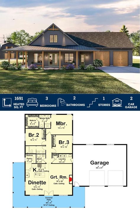 1691 Square Foot Barndominium-Style Farmhouse Plan with a 3-car Garage Barndominium With Garage, Floor Plans 3 Bedroom, Rectangle House Plans, Rectangle House, House With Garage, 3 Bedroom Floor Plan, Barndominium Plans, Barndominium Ideas Floor Plans, Attached Garage