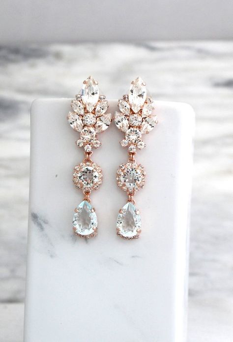 Chandelier Blue, Aquamarine Wedding, Long Crystal Earrings, Blush Earrings, Blue Drop Earrings, Opal Earrings, Bridesmaid Earrings, Stylish Jewelry, Earrings Etsy