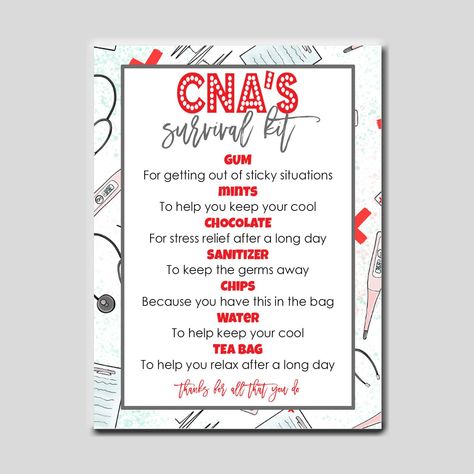 CNA Survival Kit Tag, Certified Nursing Assistant, Instant Download, CNA Appreciation Week, CNA candy treat goody bag tag, National Nursing by wackykracker on Etsy Cna Appreciation, Cna Week, Candy Grams, Certified Nursing Assistant, Staff Gifts, Scrub Life, Nursing Assistant, Assisted Living, Bag Tag