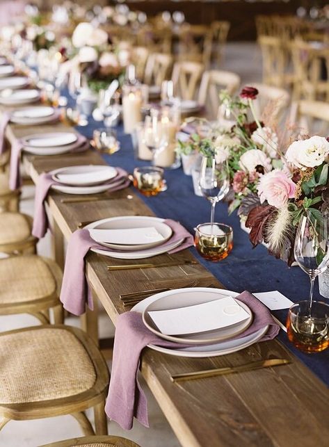 November Wedding-Mauve Bridesmaid Dresses and Navy Man's Suit with Mauve Bow Tie - ColorsBridesmaid November Wedding Colors, Navy Table Runner, Navy Table, Mauve Bridesmaid, Mauve Bridesmaid Dress, Mauve Wedding, Country Barn Weddings, Wedding Table Linens, Lilac Wedding