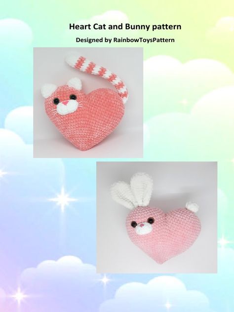 Crochet Bunny Eyes Free Pattern, Crochet Heart Cat, Cat Muzzle, Cat And Bunny, Toy Animals, Heart Cat, Bunny Pattern, Cat Tail, Bunny Tail