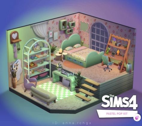 Sims 4 Chill Room, Cute Sims 4 Rooms No Cc, Sims 2 Bedroom House, Pastel Pop Sims 4, Sims 4 Ps4 Room Ideas, Sims 4 Pastel Bedroom Cc, Pastel Pop Kit Sims 4, Basement Ideas Sims 4, Sims 4 Inspo Room