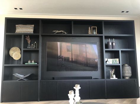 Walnut Accent Wall, Tv Surround, Built In Tv Unit, Living Room Cupboards, Living Room Units, Dark Accent Walls, Bedroom Tv Wall, Dream Dining Room, Media Room Design