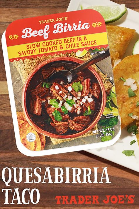 A package of Trader Joe's Beef Birria imposed over a photograph of small, hardshell tacos; the words "Quesabirria Taco" appear in foreground Trader Joe Tacos, Trader Joes Taco, Trader Joe Birria, Trader Joes Birria Recipes, What To Serve With Birria Tacos, Birria Trader Joes, Birria Tacos Trader Joes, Trader Joes Beef Birria, Trader Joe’s Taco Recipe