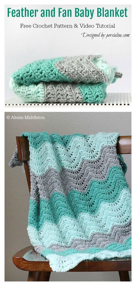 Feather and Fan Baby Blanket Free Crochet Pattern and Video Tutorial Feather And Fan Baby Blanket, Crochet Wave Pattern, Baby Blanket Free Crochet Pattern, Lovey Crochet, Crochet Feather, Foundation Single Crochet, Crochet Geek, Feather Stitch, Crocheted Items