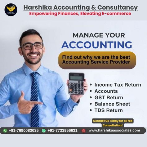 we are harshika accounting & consultancy, offering a full range of accounting services alongside our digital marketing services and e-commerce platform management for amazon, flipkart, meesho, etsy, ebay, and more! 🚀 find out why we are the best accounting service provider: - income tax return - accounts - GST return - balance sheet - TDS return call 7690083035 or whatsapp at 7733956631. visit www.harshikaassociates.com #accountingservices #digitalmarketing #ecommercemanagement #amazon #fl... Accounting Social Media Post, Accounting Design, Accounting Student, Online Bookkeeping, Digital Advertising Design, Church Media Design, Accounting Firm, Income Tax Return, Small Business Social Media