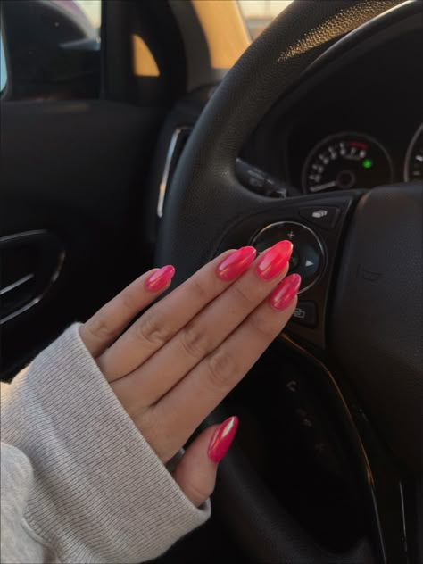 Chrome Powder Nails Pink, Fuscia Nails Chrome, Bright Pink Acrylic Nails Almond, Short Spring Manicure, Red Pink Chrome Nails, Chrome Nails With Design On Top, Hot Pink Glazed Nails, Coral Crome Nails, Red Chrome Dip Nails