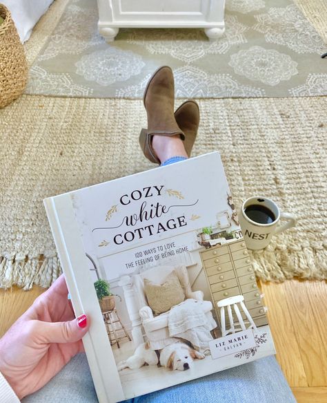 Cozy White Cottage Liz Marie, White Cottage Decor, White Farmhouse Living Room, Cozy White Cottage, Diy Coffee Bar, Liz Marie, Cozy Furniture, Pottery Barn Inspired, Simple Curtains