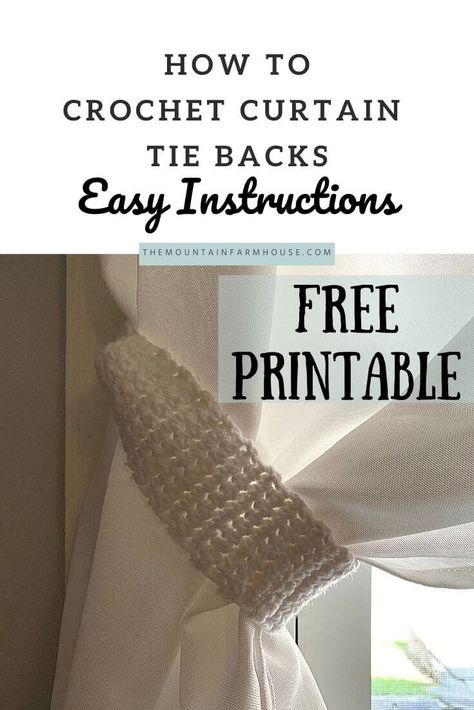 Curtain Tie Backs|Easy Crochet - The Mountain Farmhouse Crochet Curtains Free Pattern Easy, Crochet Tie Backs, Crochet Tie Backs For Curtains, Crochet Curtain Tie Backs Free Pattern, Curtain Holder Crochet, Crocheted Curtain Tie Backs Patterns, Curtain Tie Back Crochet Pattern Free, Crochet Curtains Tie Back, Crochet Curtain Holder