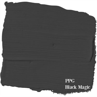 PPG Black Magic paint color is a gorgeous black used by Leanne Ford (HGTV's Restored by the Fords). Media Room Paint Colors, Ppg Paint Colors, Paint Smell, Charcoal Paint, Black Paint Color, Ppg Paint, Trending Paint Colors, Popular Paint Colors, Dark Granite