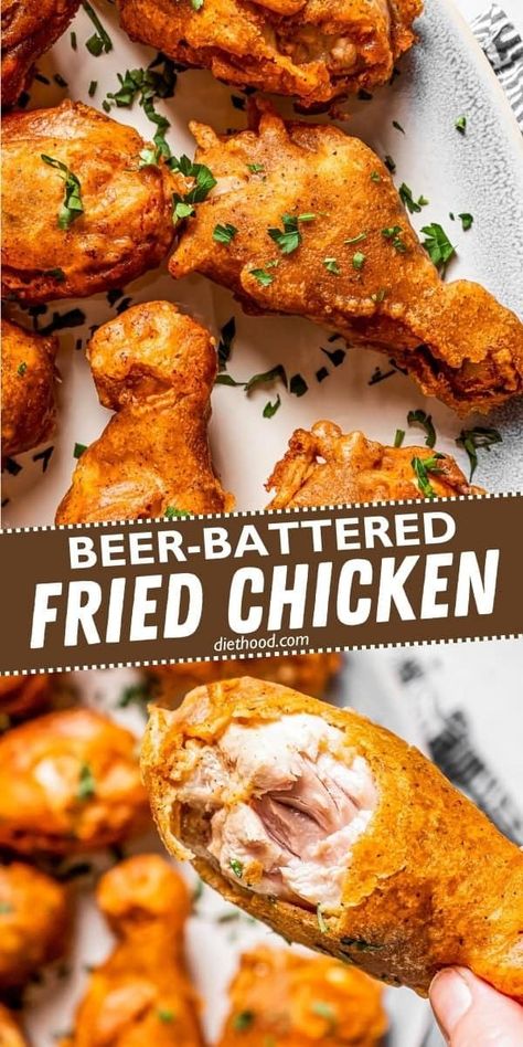 Beer-Battered Fried Chicken is crispy, juicy, and flavorful chicken coated in a rich beer batter, providing an extra layer of crunch and depth of flavor. It's the perfect centerpiece for a cozy family dinner or your next backyard BBQ. Battered Fried Chicken, Reheat Fried Chicken, Diethood Recipes, Beer Battered Chicken, Battered Chicken, Foods Ideas, Beef Dinners, Chicken Tonight, Beer Battered