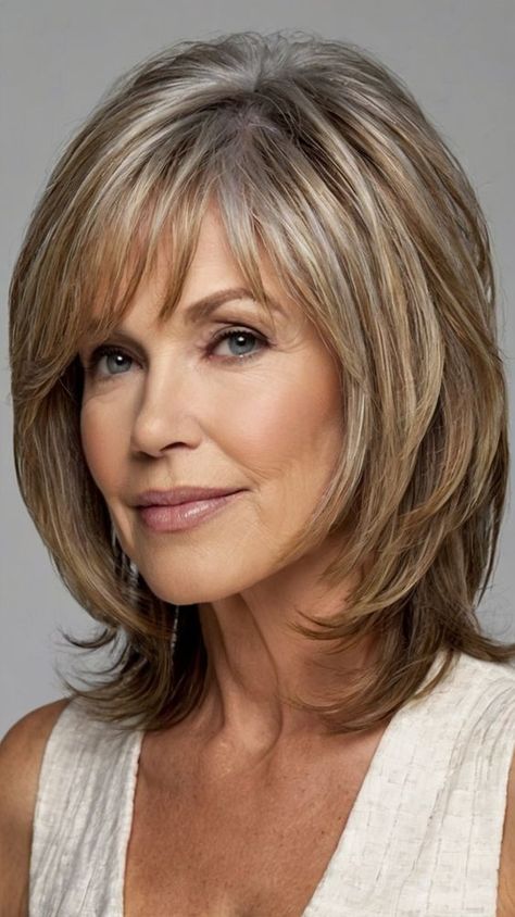 👩 Tired of your current look? Frame your face with flattering layers with this Shoulder-Length Shag Medium-Length Hairstyles for Women Over 60. Learn how to achieve a natural-looking balayage. Protects hair from heat damage while styling. Easy to maintain and style at home. Click for a step-by-step guide! #Shoulder-LengthShagMedium-LengthHairstylesforWomenOver60 Layered Haircut For Shoulder Length Hair, Shoulder Length Haircut Styles, Medium Length Hair For Thick Hair, Narrow Face Hairstyles, Over 50s Hairstyles, Medium Length Layers With Bangs, Feathered Bangs Medium Hair, Short Shoulder Length Hair With Layers, Long Hairstyles With Layers And Bangs