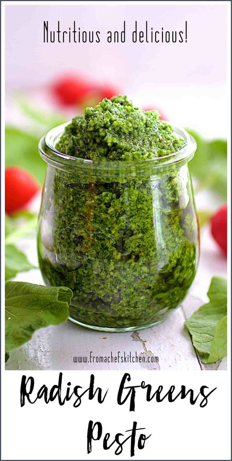 Radish Greens Pesto packs a peppery, nutritional punch! Be sure to save those radish tops for this easy to make, delicious pesto! #radishgreens #radishgreenspesto #radish #pesto #wastenot Radish Pesto, Radish Tops, Radish Greens, Radish Recipes, Green Pesto, Csa Recipes, How To Make Pesto, Marinade Recipes, Pesto Recipe