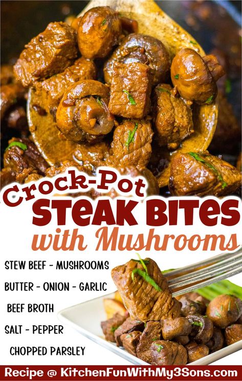 These Crockpot Steak Bites with Mushrooms are so savory and made with beef broth, butter, onion, garlic, beef, and mushrooms. Just dump all the ingredients in the slow cooker for this delicious Keto Beef Tips Recipe. Crockpot Steak Bites, Steak Bites With Mushrooms, Tender Beef Tips, Butter Gravy, Beef And Mushroom Recipe, Beef And Mushrooms, Crock Pot Beef Tips, Beef Tip Recipes, Slow Cooker Steak