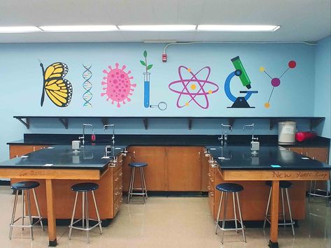 Mural by blumarts in Staten Island | Biology classroom High School Science Classroom, Science Pins, Biology Classroom, Artist Wall, Experiential Marketing, High School Science, Corporate Social Responsibility, Murals Street Art, Building Art