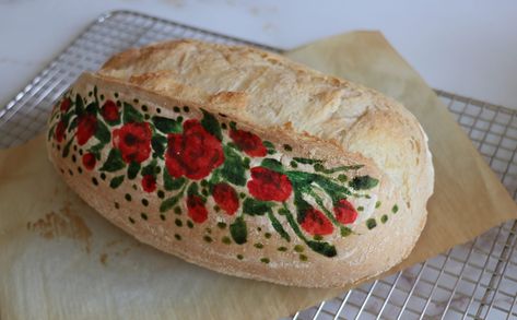 Painted Sourdough Loaf, Painting Bread Food Coloring, Painting On Bread, Painting Sourdough, Painted Sourdough Bread, Sourdough Painting, Sourdough Art, Bread Painting, Sourdough Tips