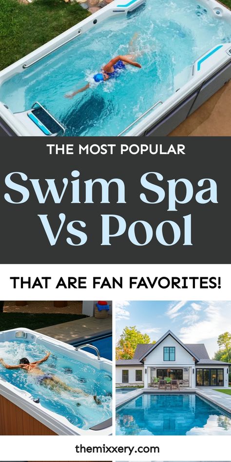 Comparison of swim spa and in-ground pool highlighting their popularity with swimmers enjoying each. Swim Spa Prices, Large Swim Spa, Indoor Swim Spa, Swim Spa Deck, Outdoor Swim Spa, Swim Spa Landscaping, Spa Landscaping, Exercise Pool, Hot Tub Swim Spa