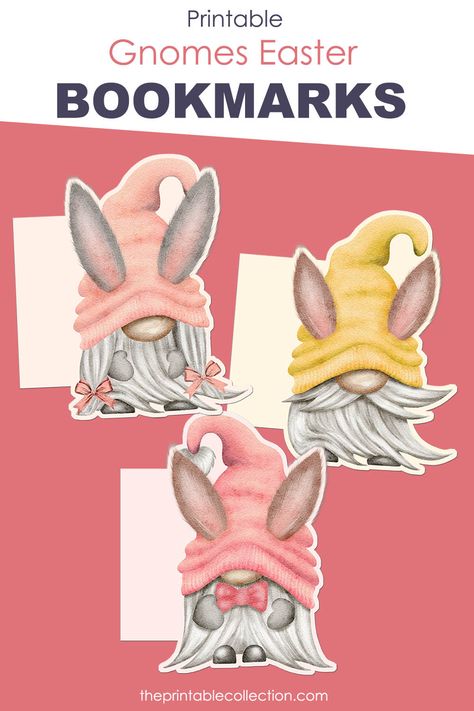 three watercolor gnomes with bunny ears and pink and yellow hat Free Printable Gnome Bookmarks, Gnome Bookmarks, Easter Gnomes, Printable Bookmarks, Free Planner, Bookmarks Printable, Watercolor Images, Bunny Ears, Beautiful Watercolor