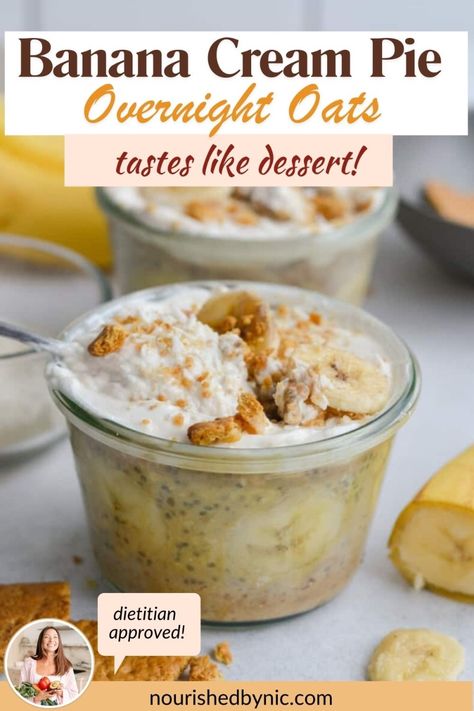 Overnight oats are very simple to prep ahead of time and enjoy throughout the week. They are a staple in my meal prep breakfast rotation. It's like banana cream pie, but without the sugar crash. Who wouldn't want dessert for breakfast? Overnight Oats Banana Cream Pie, High Protein Banana Cream Pie Overnight Oats, Banana Cream Overnight Oats, Banana Pudding Overnight Oats, Healthy Breakfast Meal Prep For The Week, Banana Cream Pie Overnight Oats, Overnight Oats With Banana, Breakfast Rotation, Oats Bar