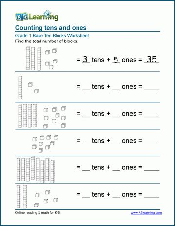 First grade math worksheets: base 10 blocks | K5 Learning Base 10 Blocks, Place Value Worksheets, First Grade Math Worksheets, Base Ten Blocks, Math Blocks, First Grade Worksheets, Free Kindergarten Worksheets, 1st Grade Math Worksheets, Base Ten