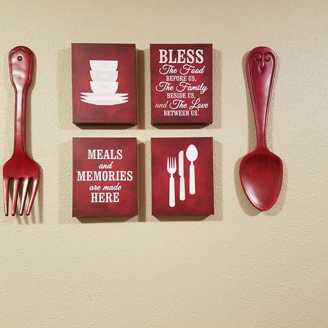 Red Dining Room Decor, Fork Spoon Wall Decor, Dining Room Quotes, Chalkboard Kitchen, Red Dining Room, Red Kitchen Decor, Chalkboard Decor, Grey Pillow Covers, Bless The Food