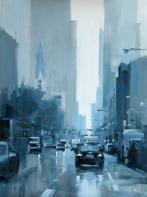 Foggy Places, Monochromatic Painting Ideas, Qiang Huang, Universe City, Monochromatic Painting, Day In Chicago, Monochrome Painting, Monochromatic Art, Skyline Painting