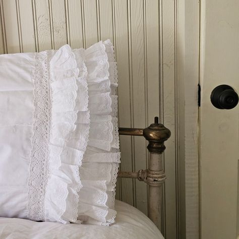 White Cottage Bedroom, Simplified Living, Ruffle Pillow, Farmhouse Fabric, Texas House, Dreamy Whites, Cottage Bedroom, White Cottage, Embroidered Trim