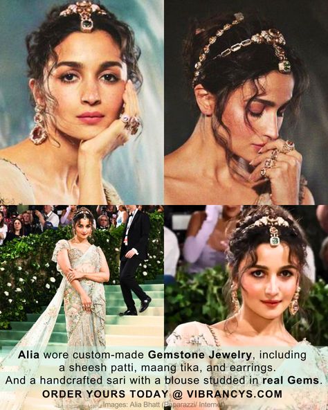 Timeless beauty @aliaabhatt 💕 wore custom-made Gemstone Jewelry, including a Sheesh Patti, Maang Tika & Earrings. And a Handcrafted Saree with a blouse studded in Real Gems.💫 Source your Gemstone Jewelry from 🔗 vibrancys.com 👉 Visit Now & avail great Offers!😍👑 We are also giving lab-tested certificate of our purity and authenticity of the product. 🌎WORLDWIDE SHIPPING #AliaBhatt #MetGala2024 #Vibrancys #METGala #GardenOfTime #GemstoneJewelry #Gemstone #Jewelry #Saree #RealGems #Redcarpet... Sheesh Patti, Maang Tika, Sabyasachi Jewellery, Jewel Wedding, Bollywood Wedding, Hollywood Studios, Bollywood Saree, Bollywood Stars, Bollywood Movies