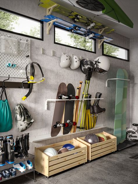 6 garage ideas to maximize space - IKEA Garage Storage Ikea Hacks, Kids Garage, Organized Spaces, Gear Room, Sports Storage, Garage Storage Inspiration, Garage Organization Tips, Garage Organisation, Bath Photography