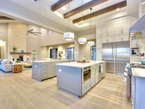 Cabinets Lights, Double Island, Double Island Kitchen, Kitchen Beautiful, Open Kitchen And Living Room, Modern Kitchen Design Open Concept, Kitchen Images, Kitchen Designs Layout, Kitchen Gallery