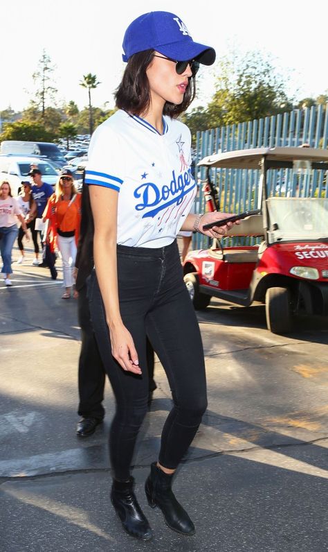 What to Wear to a Baseball Game, According to Our Favorite Celebs Dodger Game Outfit Women, Baseball Jersey Outfit Women, Dodgers Outfit, Baseball Jersey Outfit, Baseball Game Outfit, Baseball Fashion, White Skinnies, Sporty Spice, Game Outfit