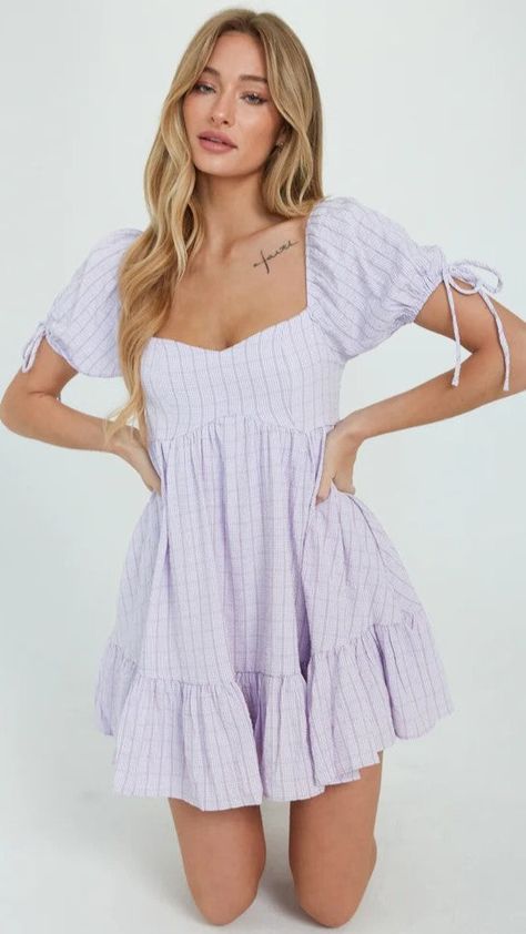 Romcom Core, Babydoll Dresses, Pink Throw, Babydoll Mini Dress, Dresses Purple, Purple Dresses, Preppy Dresses, Church Dresses, Purple Plaid