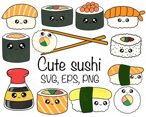 Kawaii Food Png, Sushi Printable, Sushi Png, Sushi Clipart, Sushi Stickers, Sushi Drawing, Stickers Cricut, Cute Sushi, Kawaii Sushi