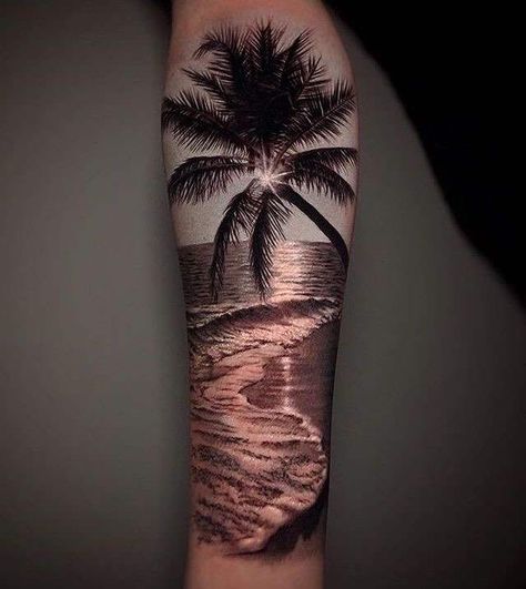 Strand Tattoo, Beach Inspired Tattoos, Tattoos Illustration, Tattoo Beach, Beachy Tattoos, Tropical Tattoo, Florida Tattoos, Sunset Tattoos, Palm Tattoos