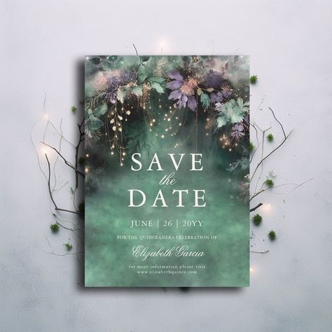 Enchanted Forest Lavender Quince Save the Date Invitation Enchanted Forest Invitations Quinceanera, Quince Save The Date, Enchanted Forest Invite, Lavender Quinceanera, Butterfly Wedding Invitations, Summer Ball, Enchanted Forest Theme, Debut Invitation, Forest Setting